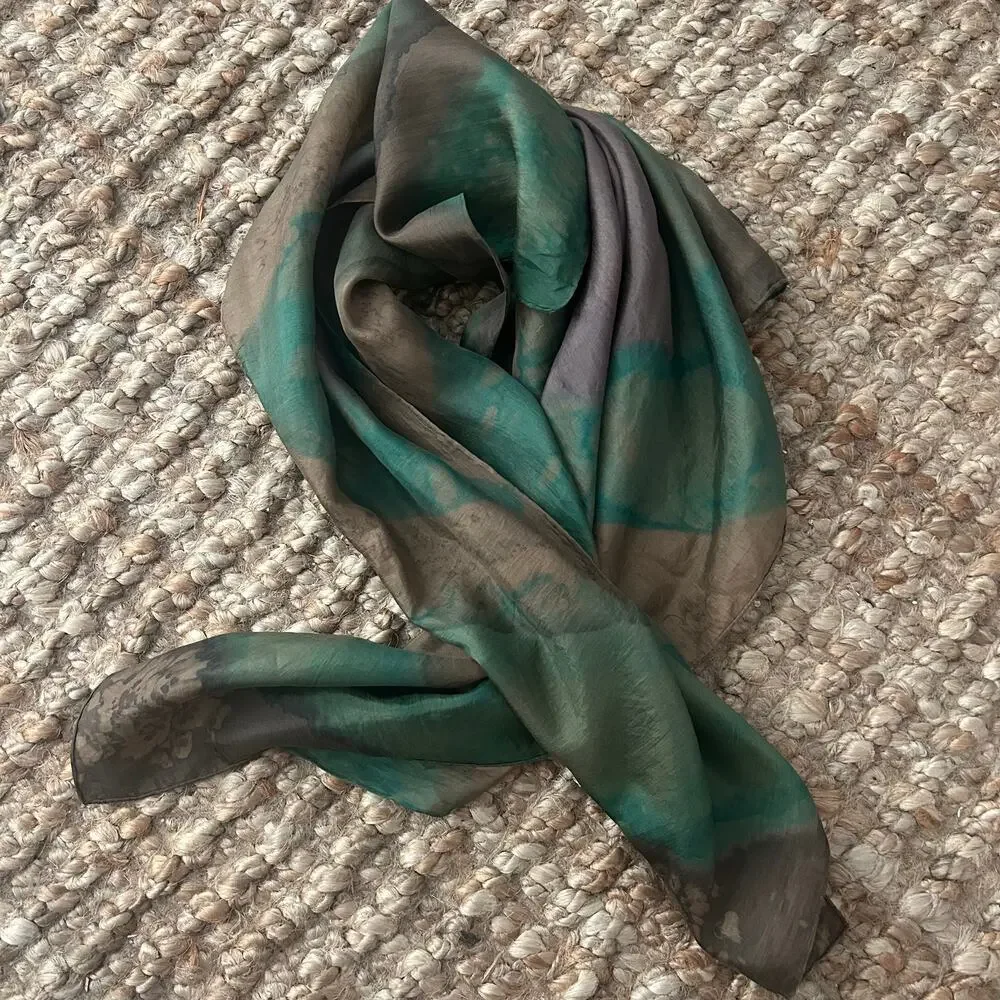100% Silk Hand Rolled Square Scarf Green Taupe Abstract Watercolor 30x30